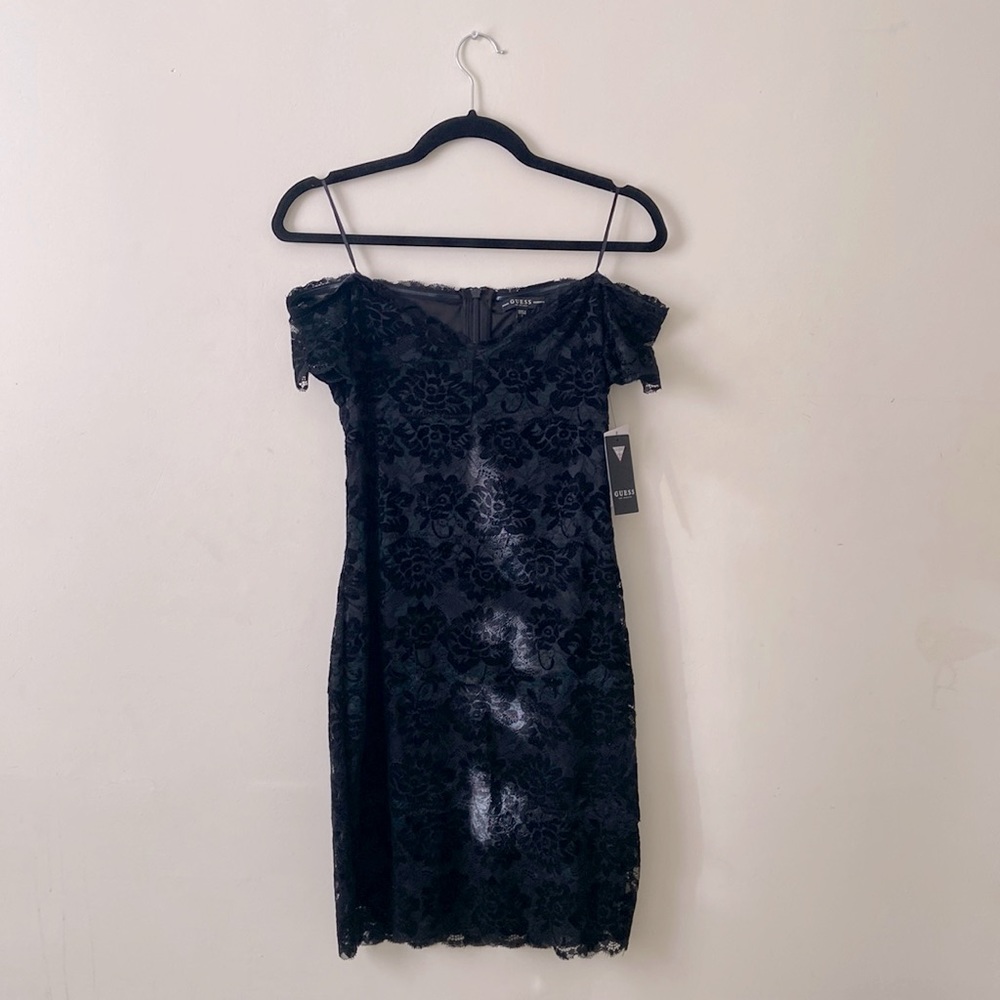Guess Off Shoulder Black Lace Mini Dress